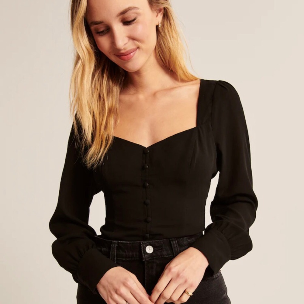 Long-Sleeve Button-Through V-Neck Top Black Large